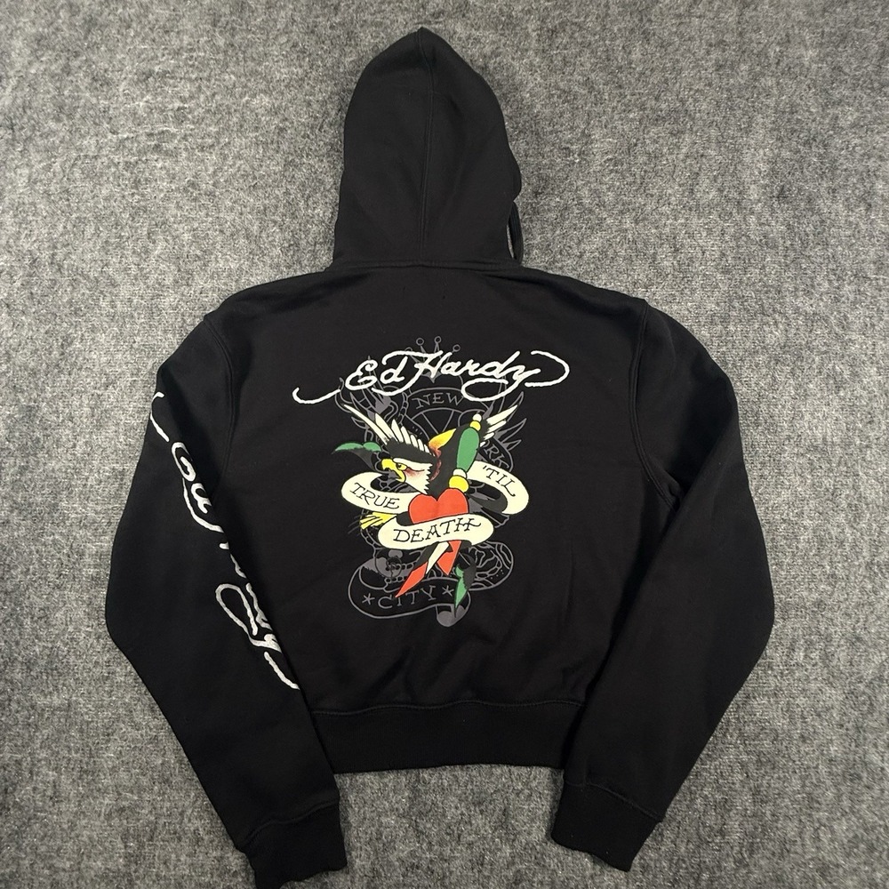 Ed Hardy True Til Death Hoodie Womens L Black Tattoo Graphic Y2K Full Zip Hoody